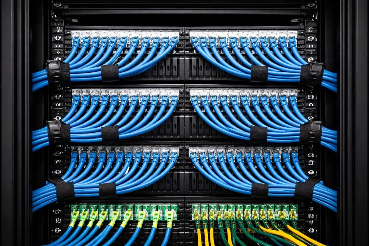 Rack with neatly dressed blue network patch cables