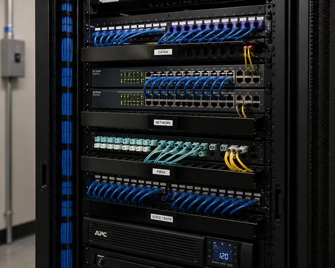 Network rack with labelled patch panels and switches