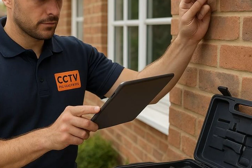 Installer checking a CCTV camera view on a tablet