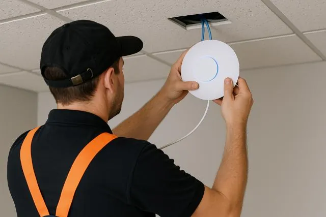 Engineer fitting a ceiling-mounted Wi-Fi access point