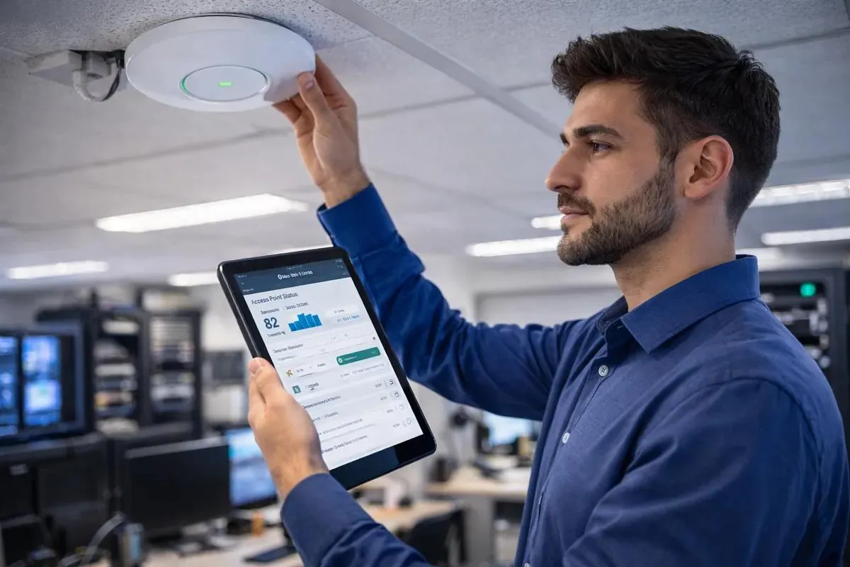 Engineer checking a Wi-Fi access point with a tablet